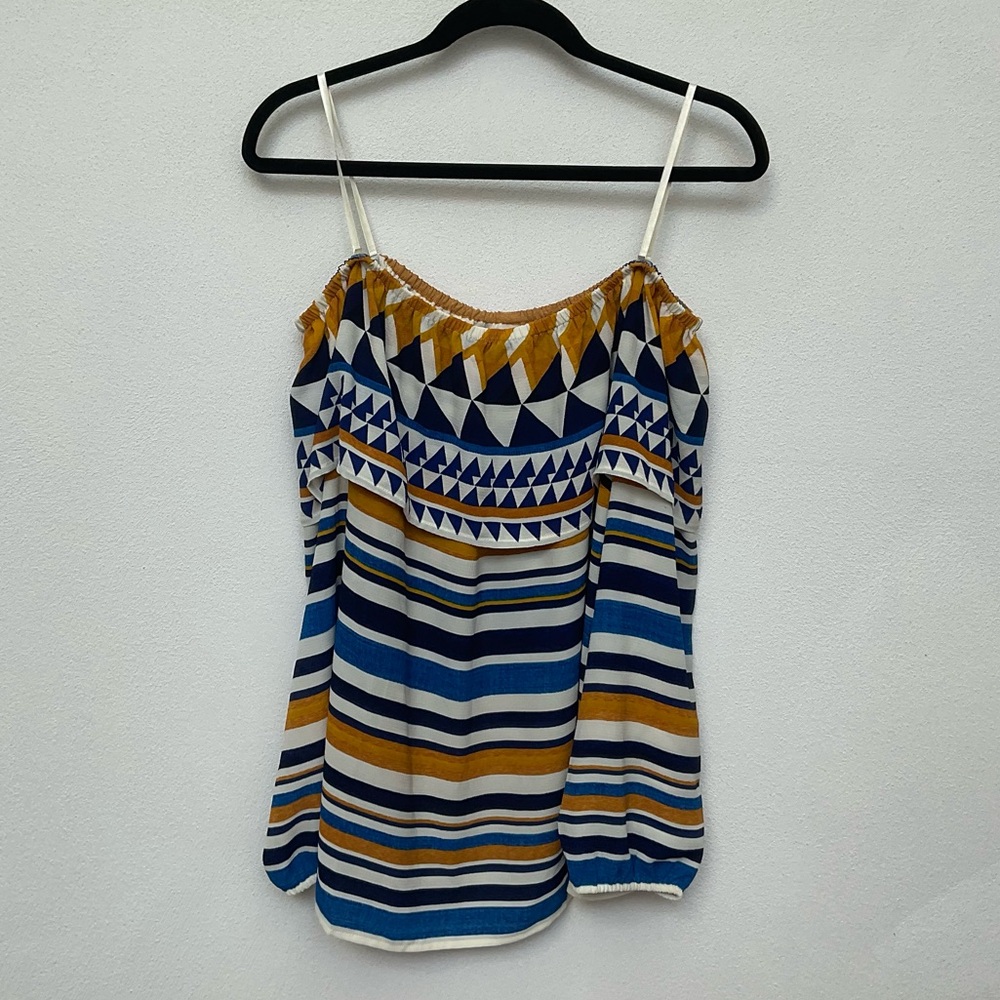 Chico's Gold, Blue, Black, Cream Striped Off Shoulder Long Sleeve Top Size 2